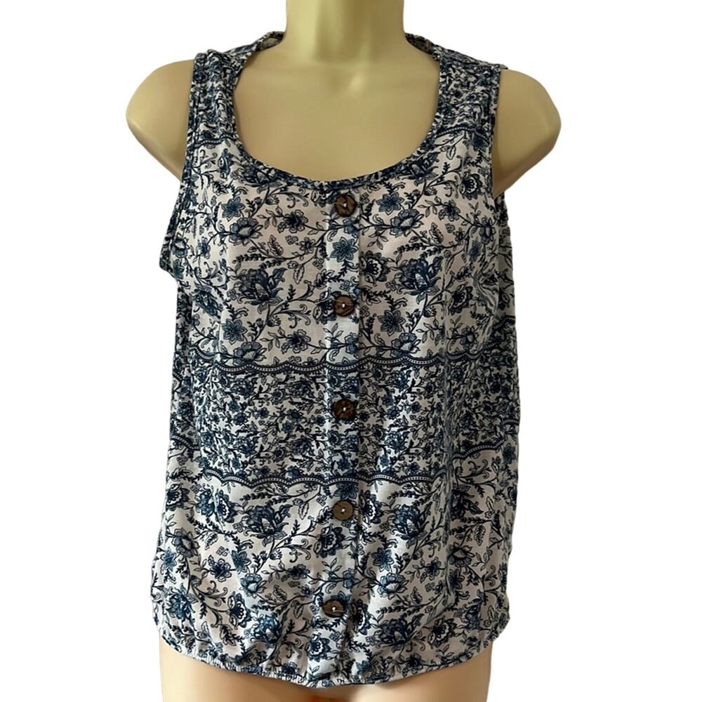 Modern Attraction Blue & White Floral Print Sleeveless Knit Top Blouse Summer